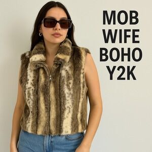 Designers Originals Woman's L‎ Brown Faux Fur Mob Wife Knit Back Vest Y2K Boho